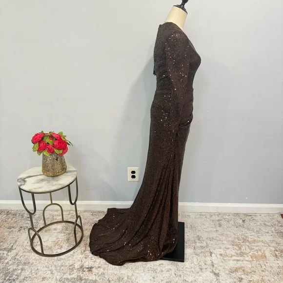 IEENA Mac Duggal Chocolate Brown Sequins Embellished Long Sleeve High Slit Gown